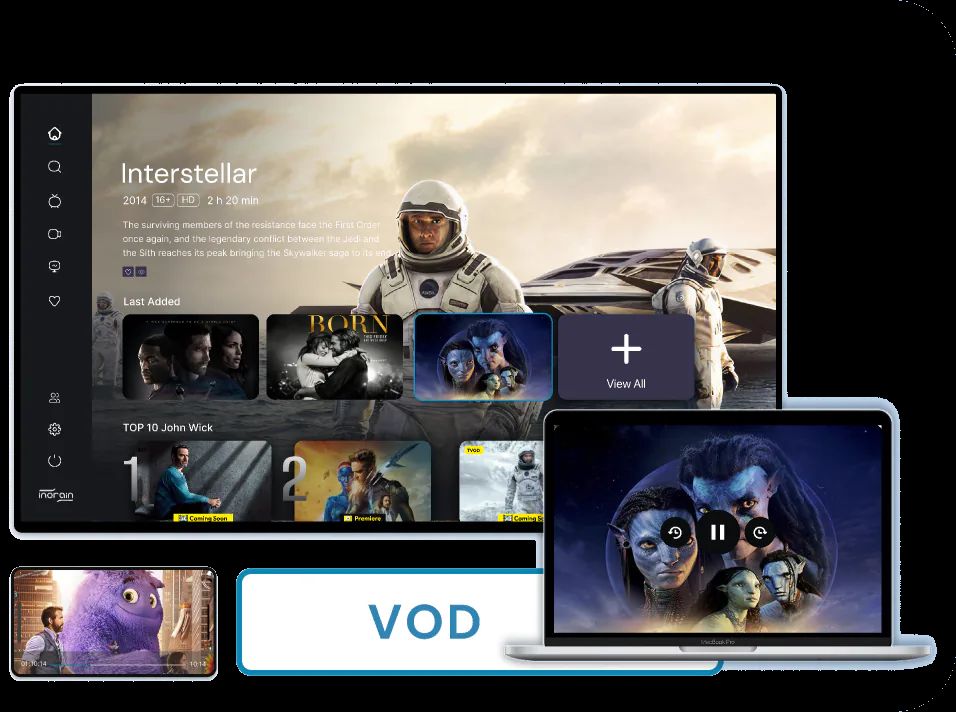 inoRain VOD platform on a TV, laptop and phone