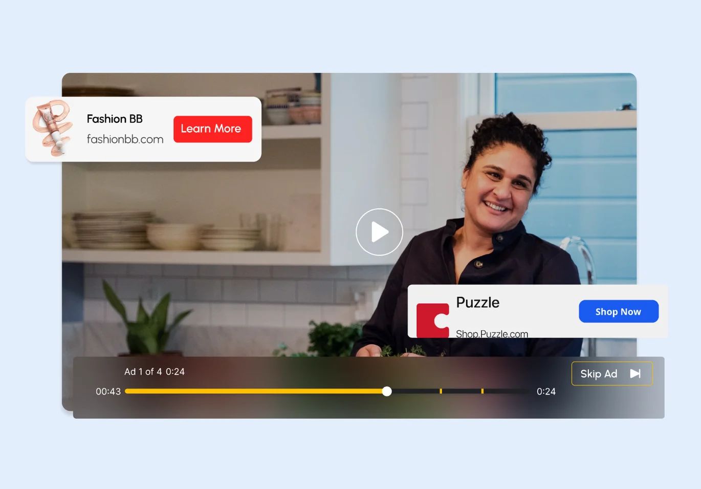 Video with sponsored overlays and a skippable ad