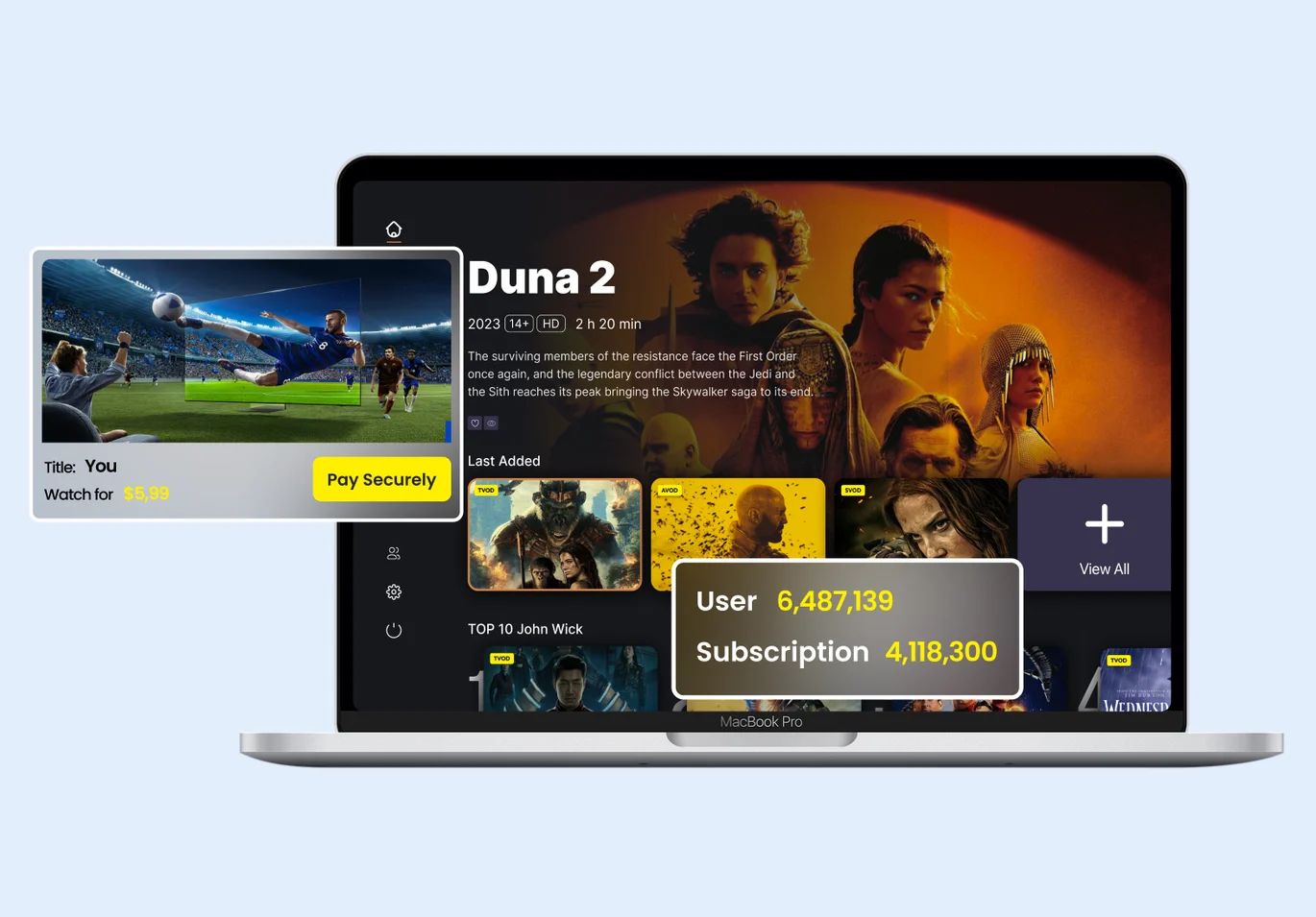Pay-per-view match next to a title page with user and subscription counts