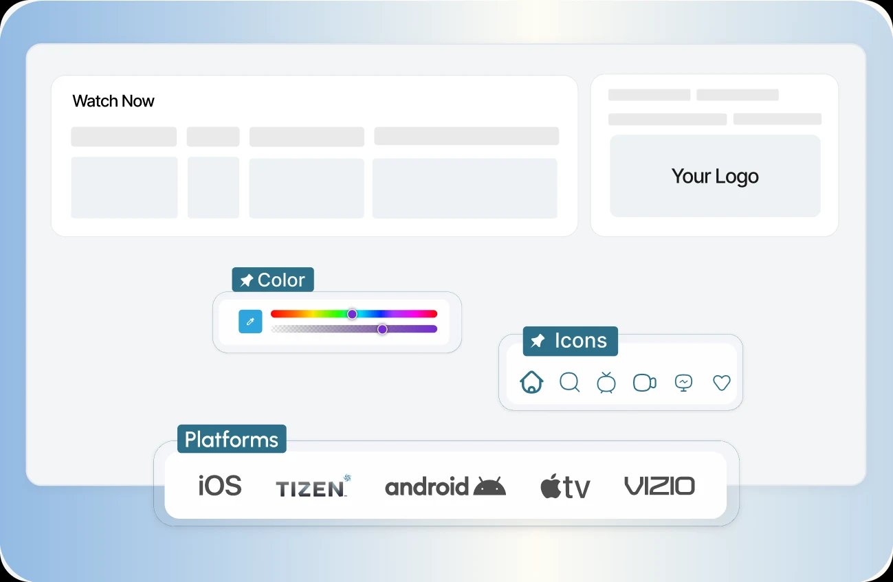 OTT app builder with your logo, color and icon settings, and iOS, Tizen, Android, Apple TV and Vizio platforms