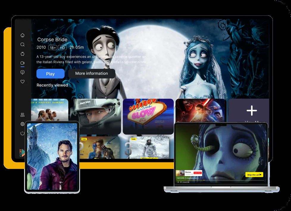 FAST channel app on a TV, tablet and laptop