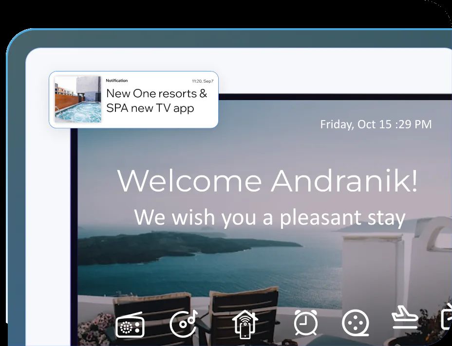 Hotel TV welcome screen with guest notification