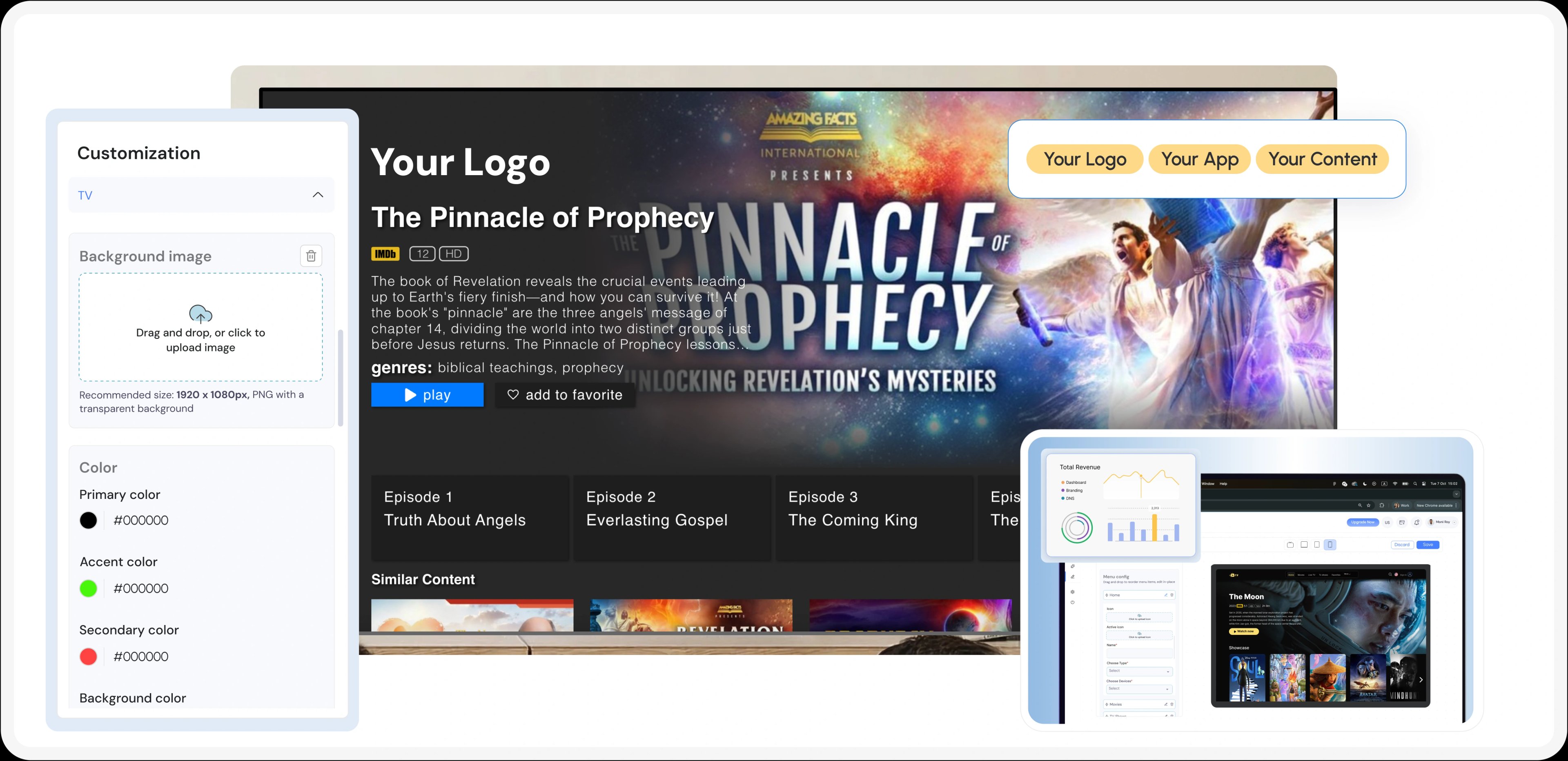 inoRain admin panel customizing colors, logo and layout of a branded OTT app
